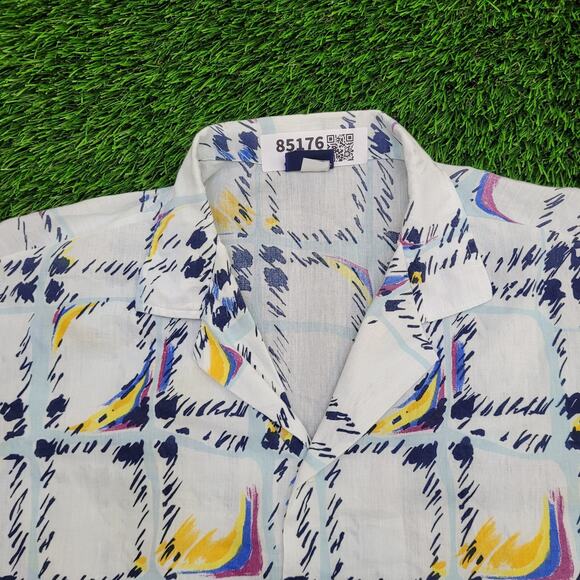 Vintage 80s Abstract Hippie Button Shirt Large 23x28 Blue Groovy - Picture 7 of 11